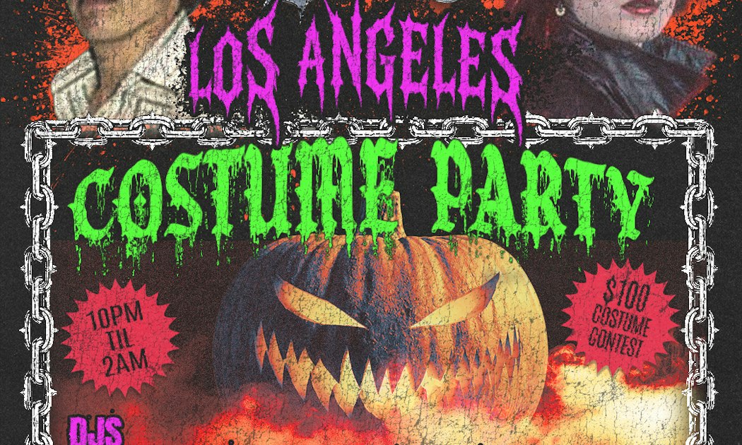 Event flyer with spiky green lettering reading Costume Party, a carved jack-o'-lantern and a chain border