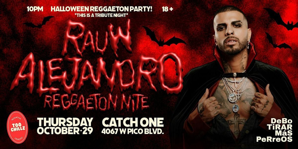 Red and black Halloween flyer for Rauw Alejandro Reggaeton Nite at Catch One, with bats, a vampire-caped man and the date Thursday, October 29