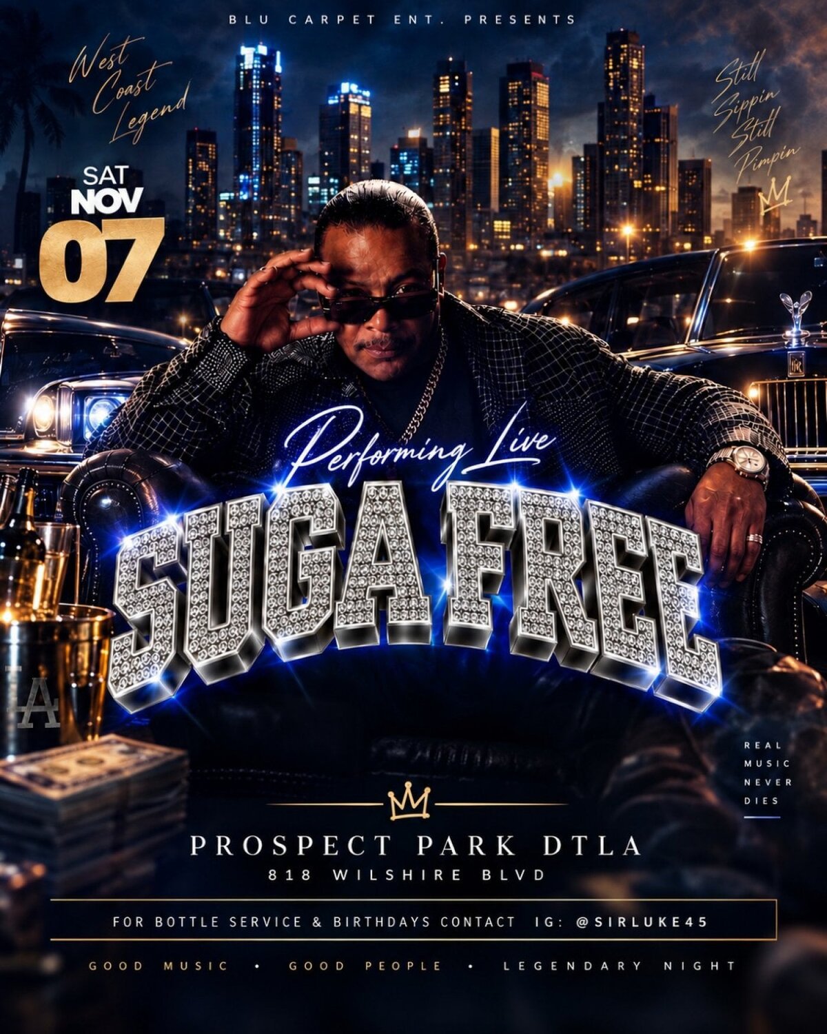 Event flyer for The Scorpio Bash showing Suga Free in sunglasses and a sparkling jacket in front of a night skyline, with the November 7 date