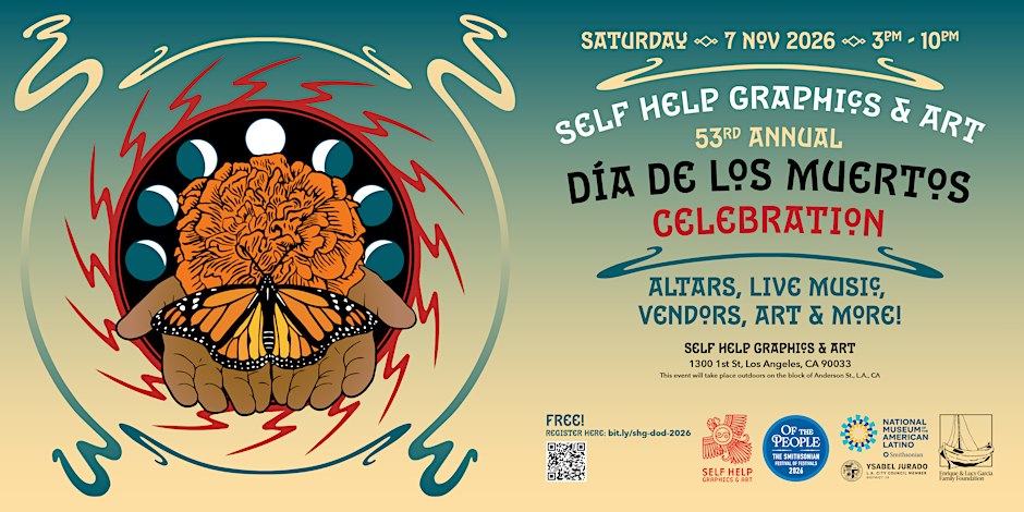 Event poster with an orange marigold held in two hands under a monarch butterfly, with the Día de los Muertos celebration details