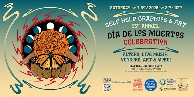 Event poster with an orange marigold held in two hands under a monarch butterfly, with the Día de los Muertos celebration details
