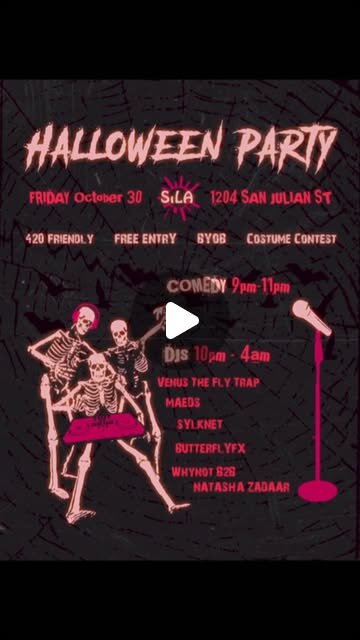 Event flyer for the Sila Halloween Party on October 30, with dancing skeletons, a microphone and the DJ lineup on a dark cobweb background
