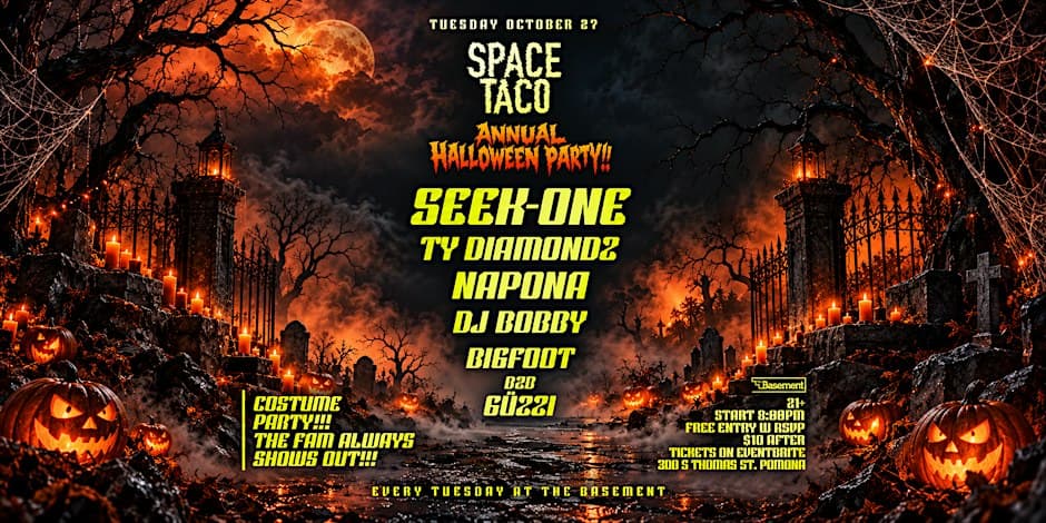 Event flyer with a moonlit graveyard, glowing jack-o'-lanterns and the lineup for Space Taco's Annual Halloween Party