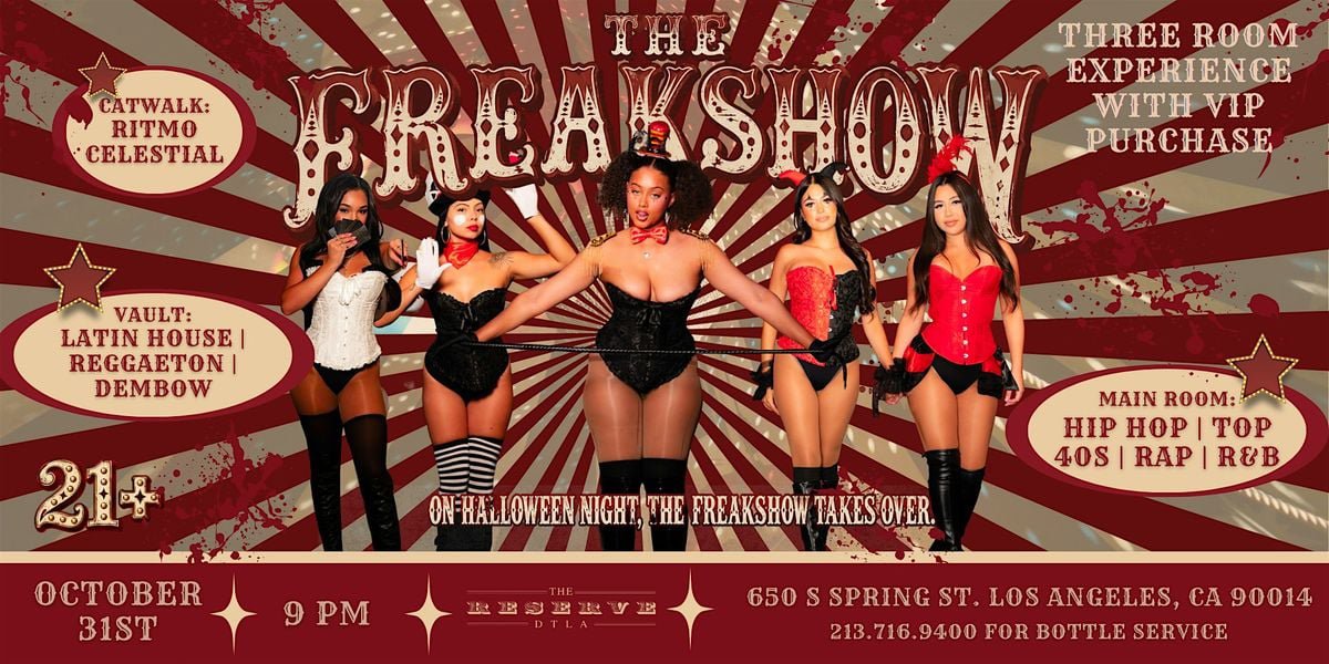 Red and cream circus-style flyer for The Freakshow Halloween night at The Reserve, showing five costumed dancers and the three room lineup