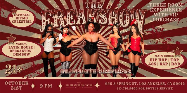 Red and cream circus-style flyer for The Freakshow Halloween night at The Reserve, showing five costumed dancers and the three room lineup