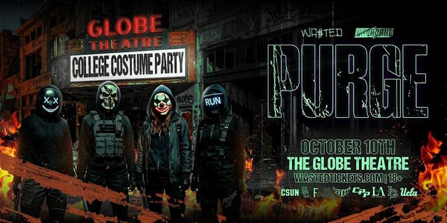 Promotional banner for THE PURGE Halloween costume party at the Globe Theatre in Los Angeles