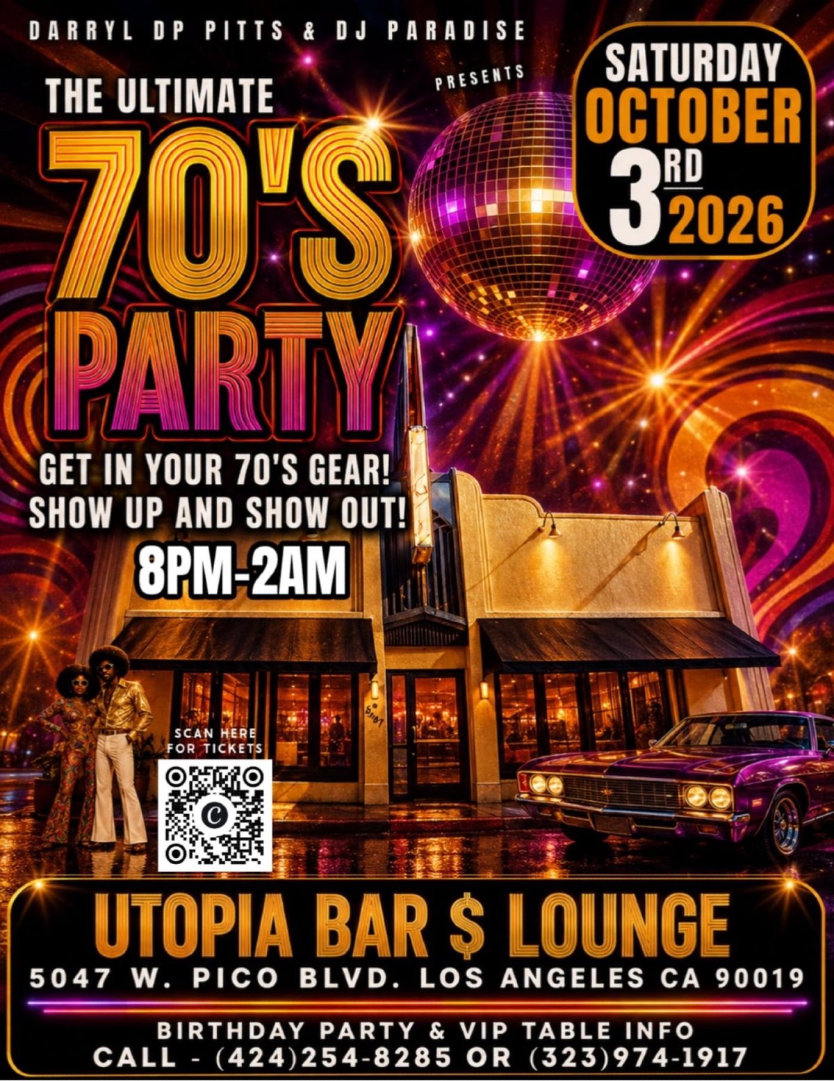 Colorful retro party flyer for a 70s-themed night at Utopia Bar & Lounge