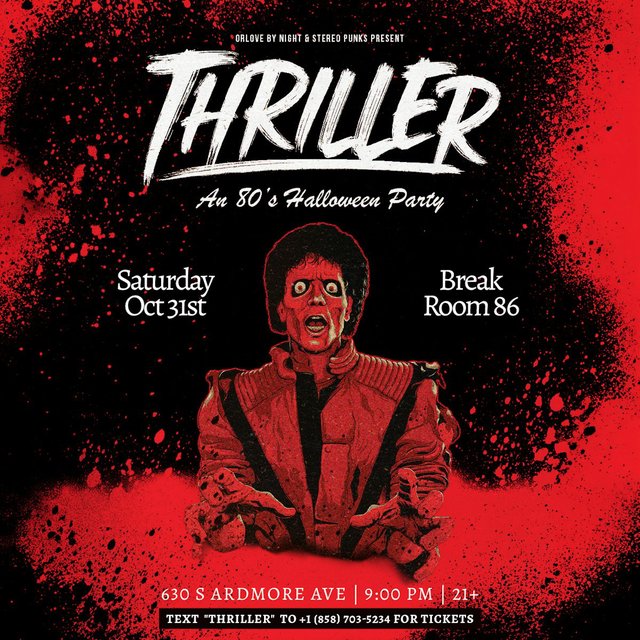 Red and black Thriller-style flyer with a zombie figure in a red leather jacket, reading Thriller: An 80's Halloween Party, Saturday Oct 31st, Break Room 86
