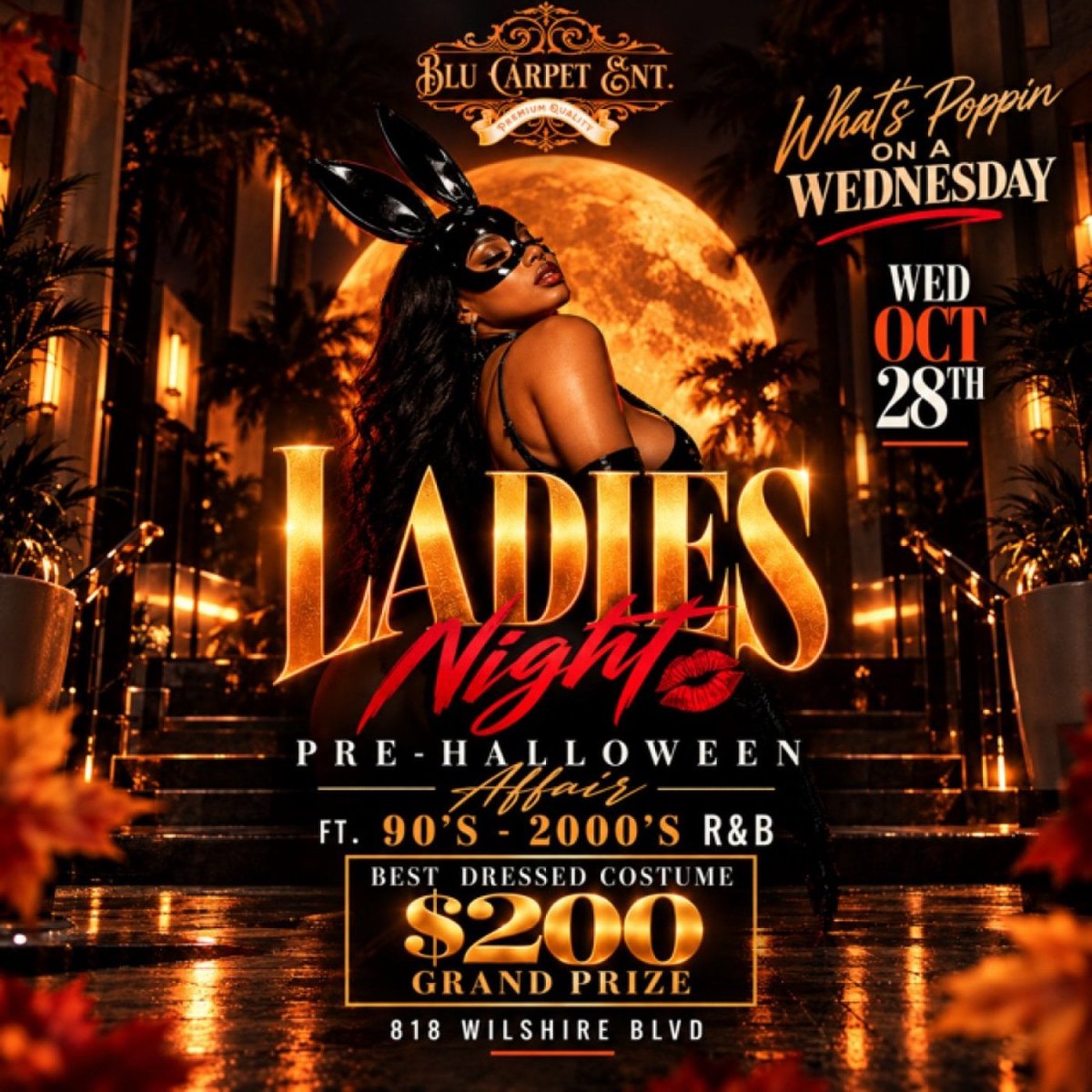 Flyer for What's Poppin On A Wednesday ladies night on October 28, showing a woman in black bunny ears and a mask in front of a large orange moon, with a $200 best-dressed costume prize