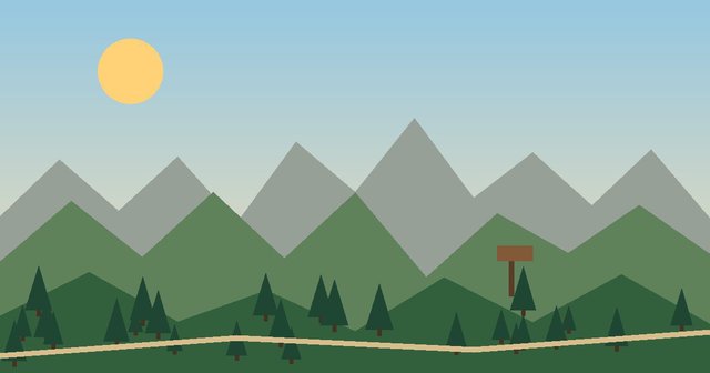 Illustrated hiking trail rising from green hills toward a sunlit summit with a trail sign in the foreground