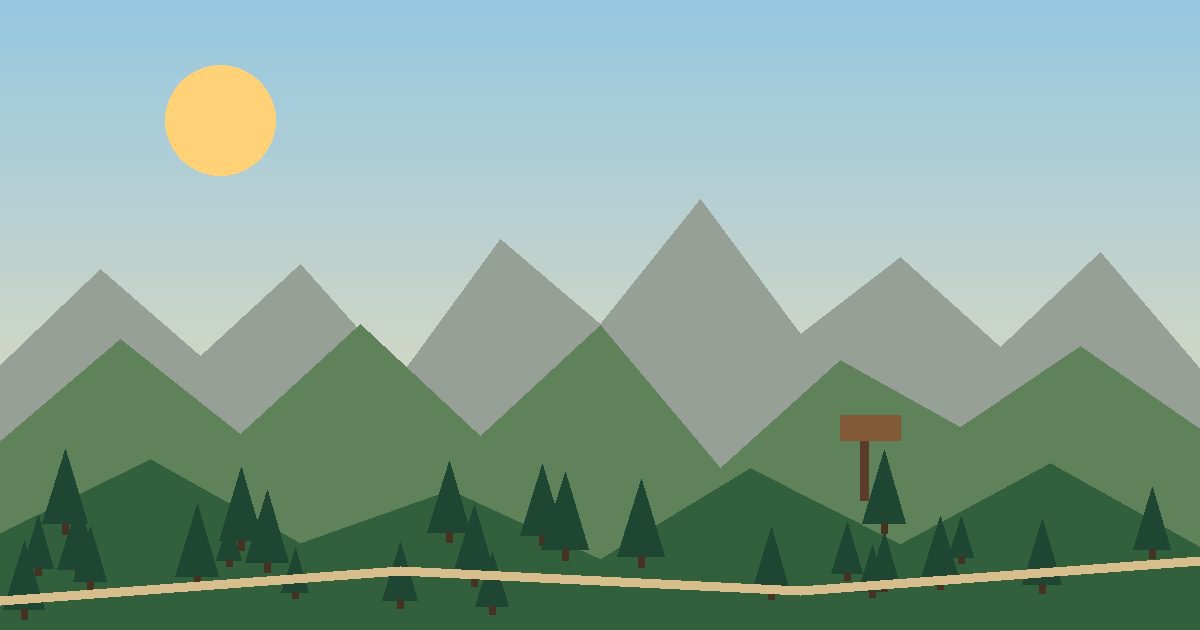 Illustrated hiking trail rising from green hills toward a sunlit summit with a trail sign in the foreground
