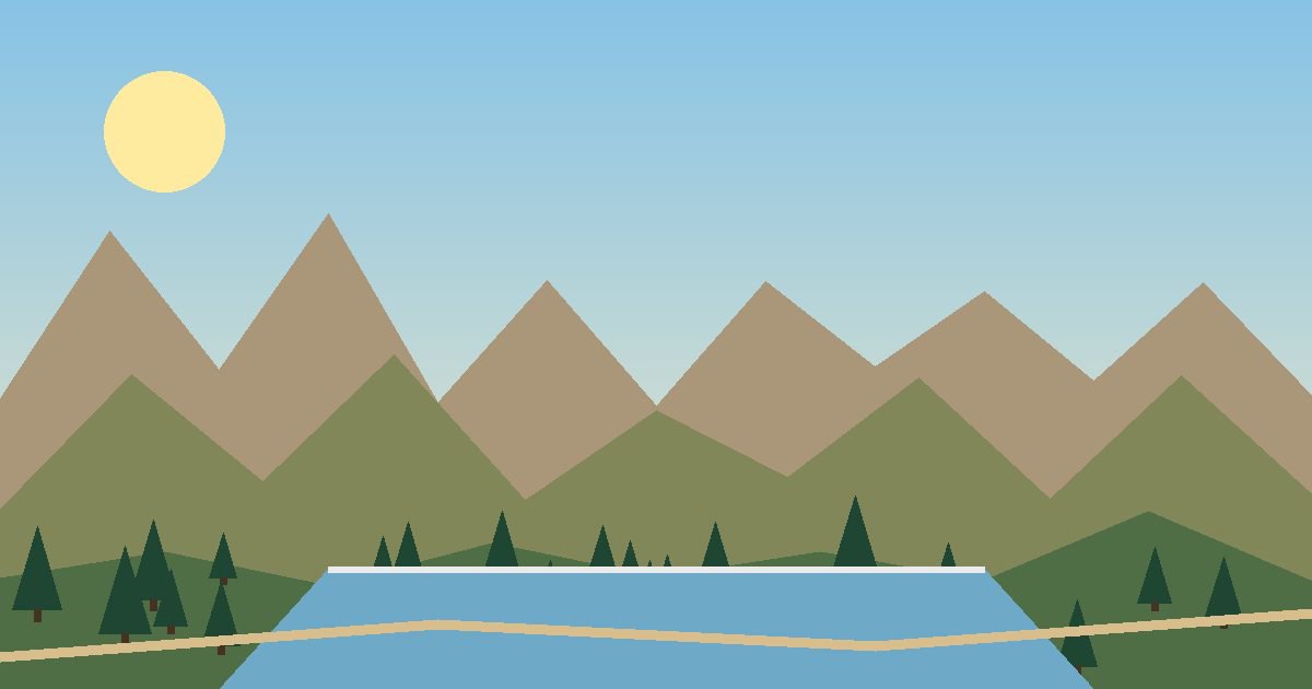 Illustrated blue lake in front of dry golden hills and a distant mountain range under a clear sky