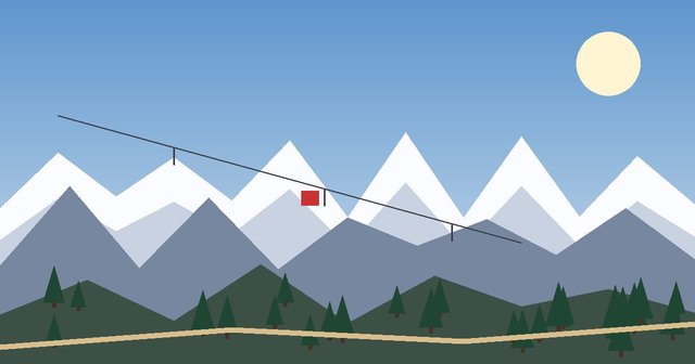 Illustrated snow-capped mountain with a chairlift line crossing pine forest above a small lodge