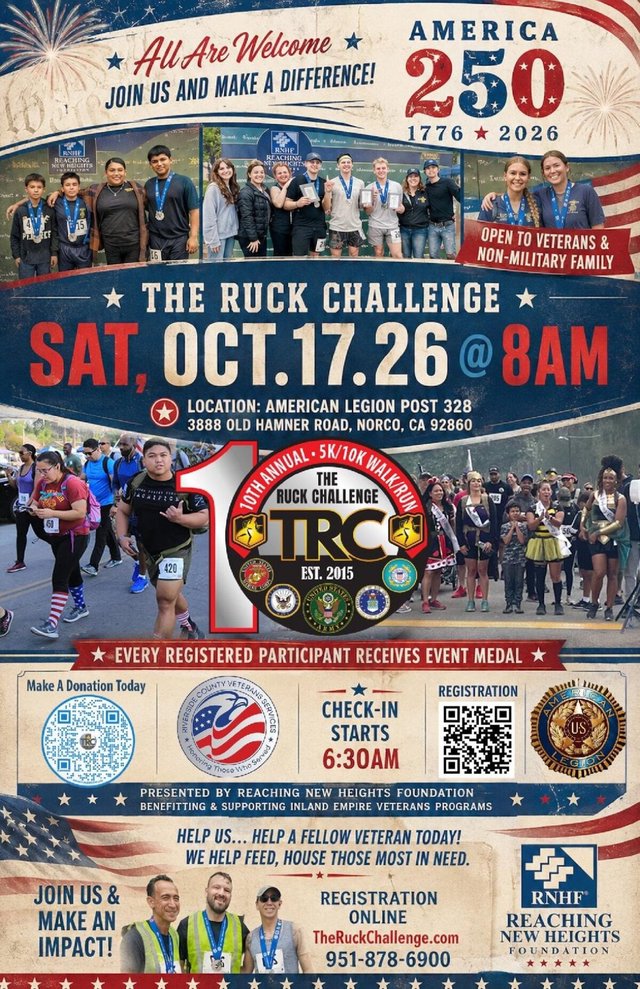 Event flyer for The Ruck Challenge 5K/10K walk/run on October 17, 2026, with photos of past participants and the TRC 10th annual logo