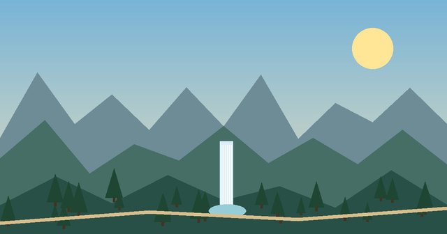 Illustrated waterfall dropping into a green pool between forested ridges in the San Gabriel Mountains