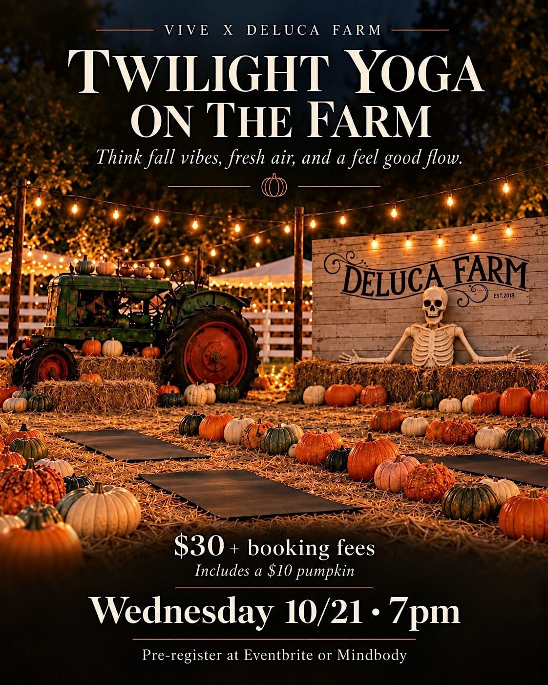 Event flyer showing yoga mats laid out among pumpkins, hay bales and a green tractor under string lights at Deluca Farm