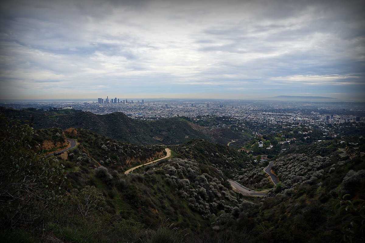 Dirt hiking trail winding through Griffith Park hills with the downtown Los Angeles skyline in the distance