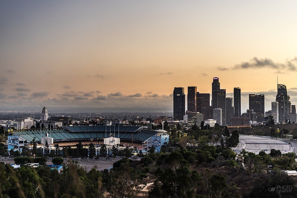 Dodger Stadium with Downtown Los Angeles skyline visible in the background