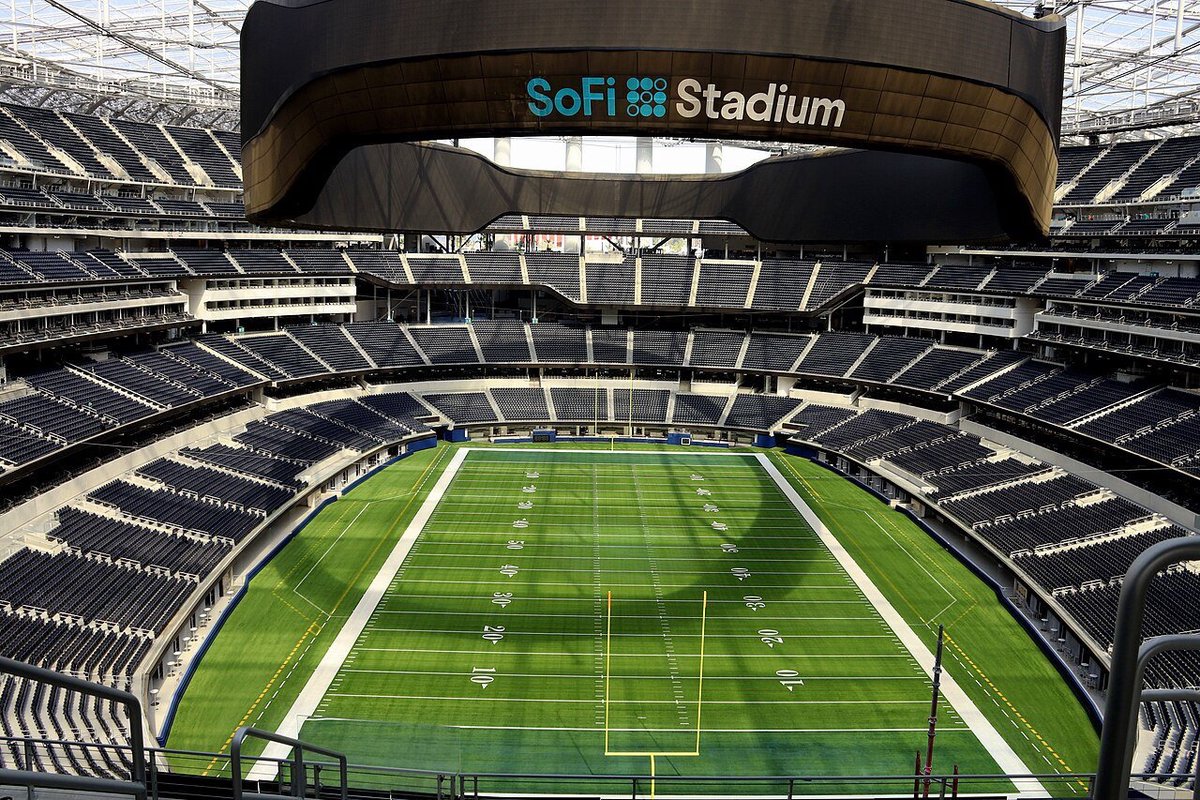 SoFi Stadium in Inglewood open to Los Angeles Rams fans on a sunny day