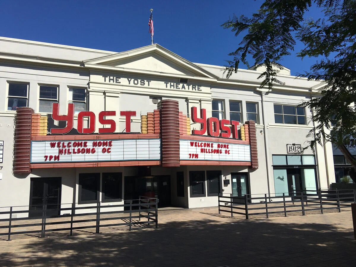 The Yost Theatre's red neon marquee and pediment on North Spurgeon Street in Santa Ana